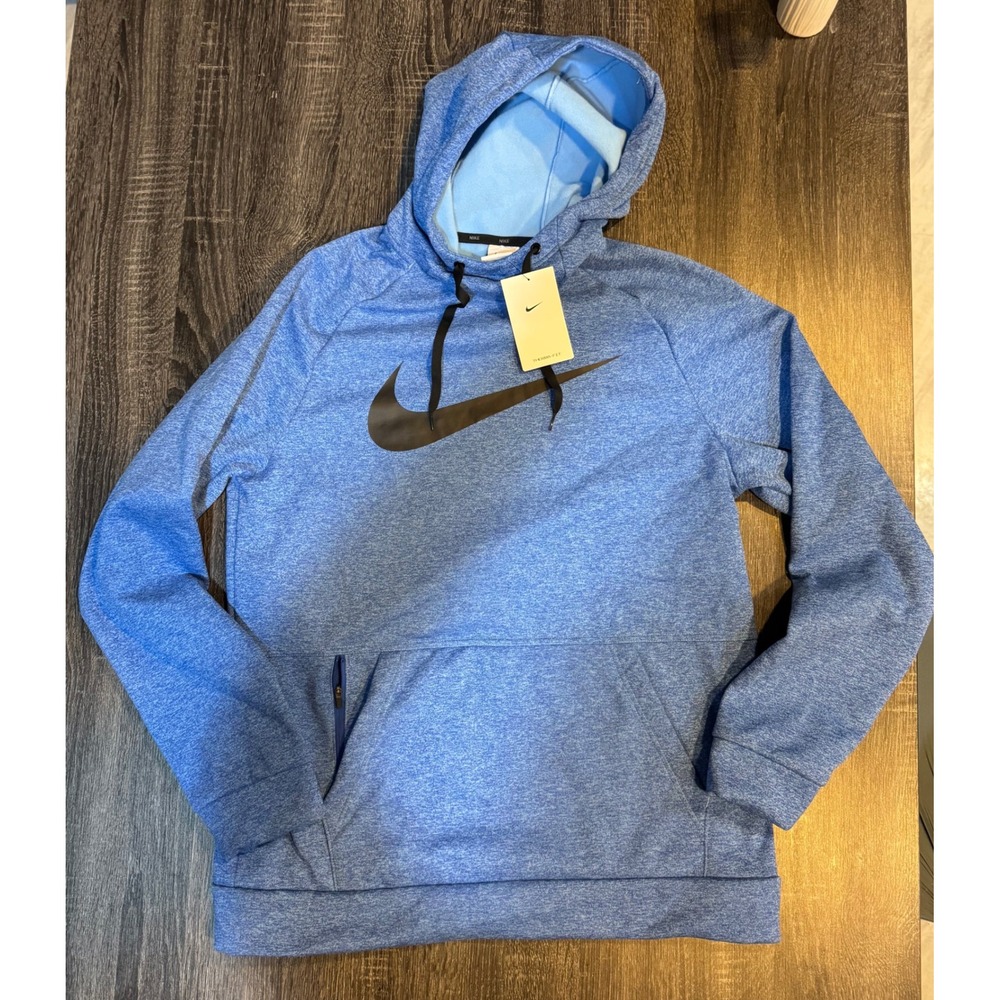 NWT Nike Therma Fit Mens Training Hoodie Blue Swoosh Logo Zipper Pocket Size M &